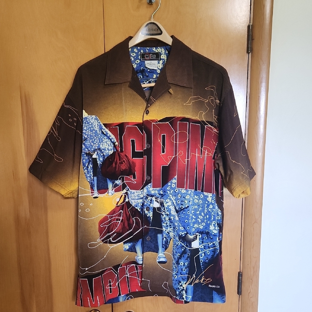 Brown and Blue Casual Button Down Shirt with Sci-Fi Graphics